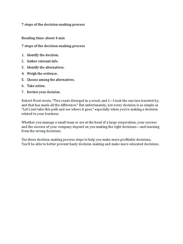 7 Steps Of The Decision Making Process Pdf Decision Making Choice
