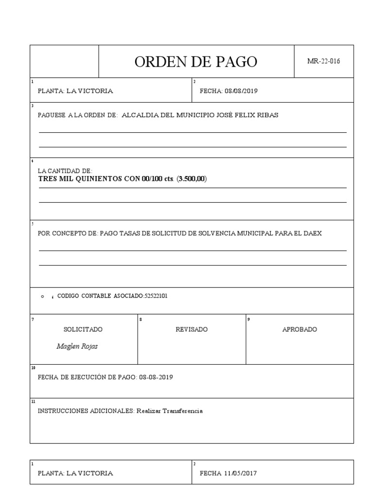 Modelo de Orden de Pago Municipal | PDF | Finanzas y dinero