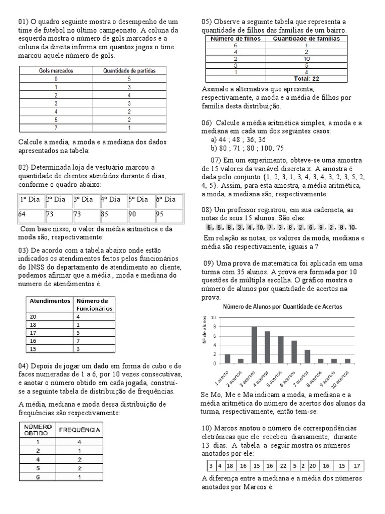 Lista de Exercicios Media Moda Mediana 2022 | PDF | Modo (Estatística ...