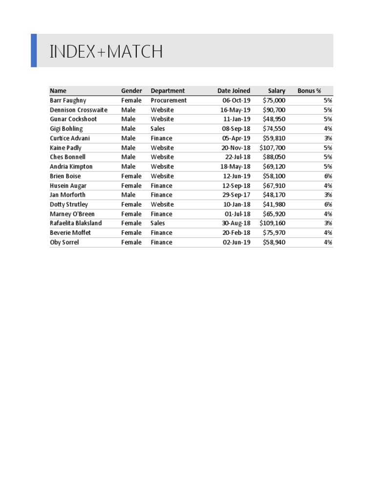 Index Match Name Gender Department Date Joined Salary Bonus PDF
