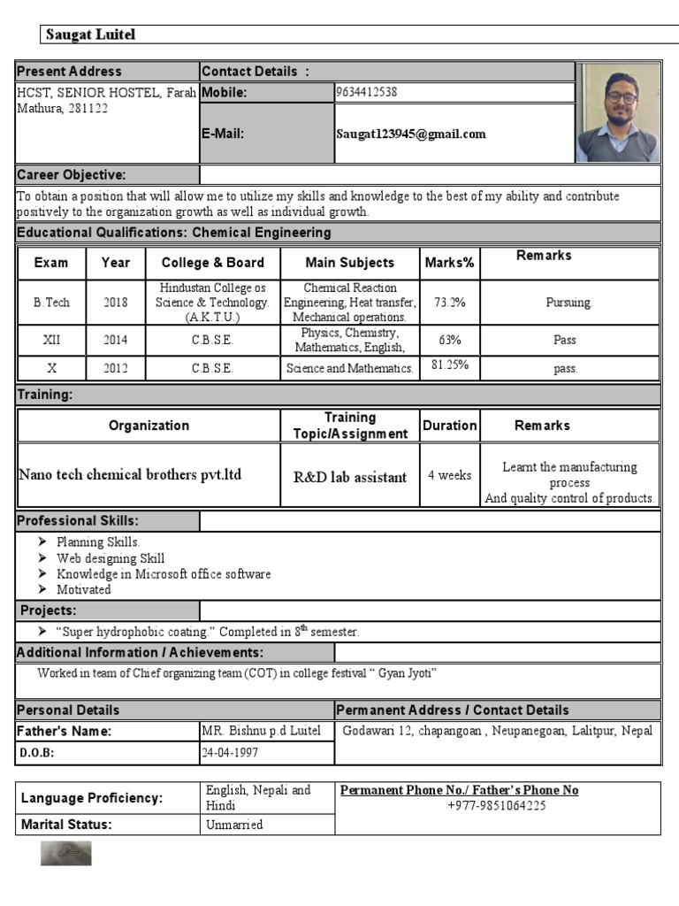 Saugat Luitel Nano Tech Chemical Brothers PVT LTD R&D Lab Assistant