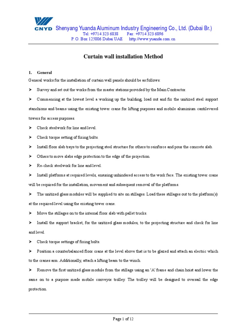 Curtain Wall Installation Method Statement | PDF