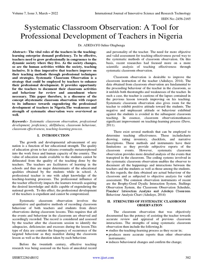 Systematic Classroom Observation A Tool For Professional Development of ...