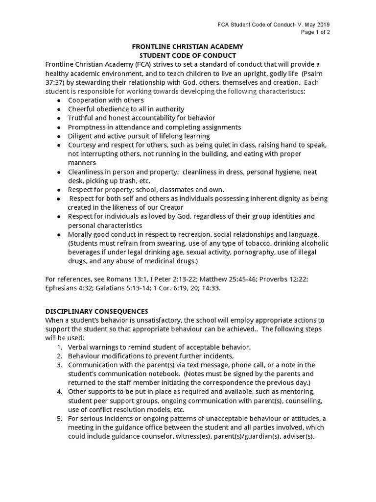 FCA Student Code of Conduct | PDF | School Counselor | Psychological ...