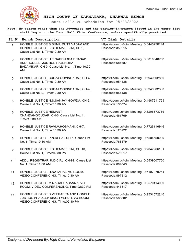 High Court of Karnataka, Dharwad Bench Court Halls VC Schedules For 05