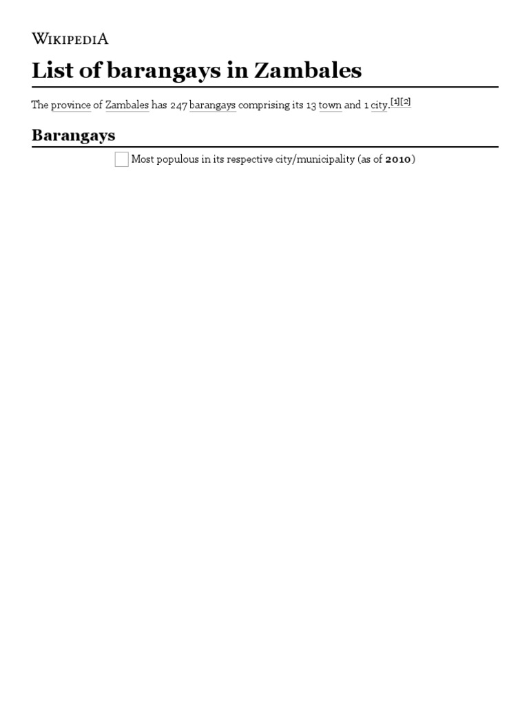 List of Barangays in Zambales - Wikipedia | PDF | Public Sphere