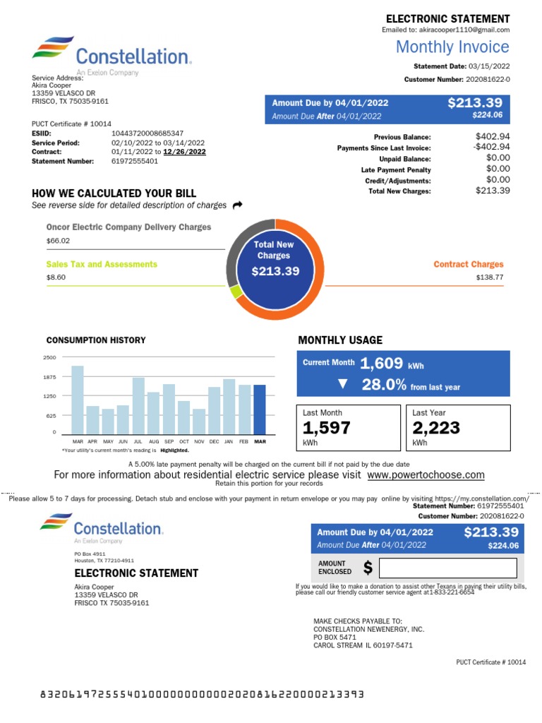 Monthly Invoice Oncor Electric Company Delivery Charges PDF Economies