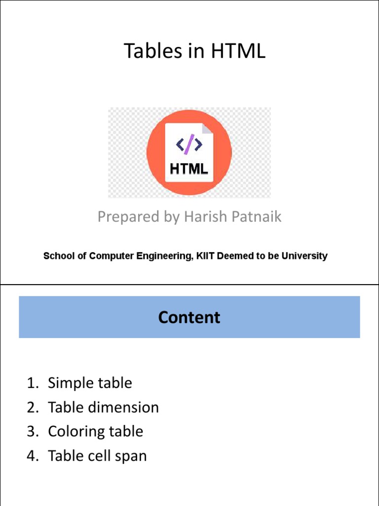 Tables in HTML Prepared by Harish Patnaik PDF Software Development