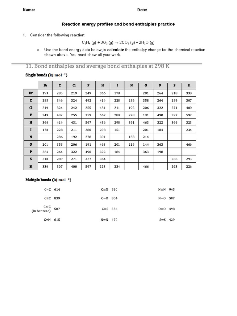 Reaction Energy Profiles and Bond Enthalpies Practice | PDF | Teaching ...