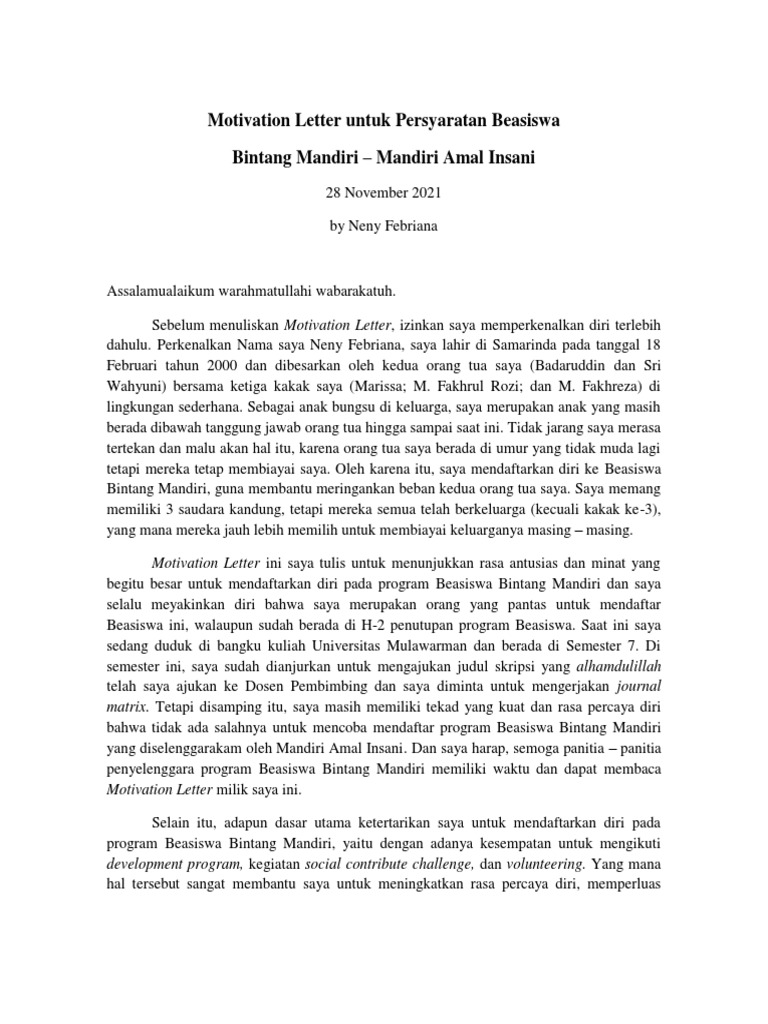 Motivation Letter Untuk Persyaratan Beasiswa | PDF