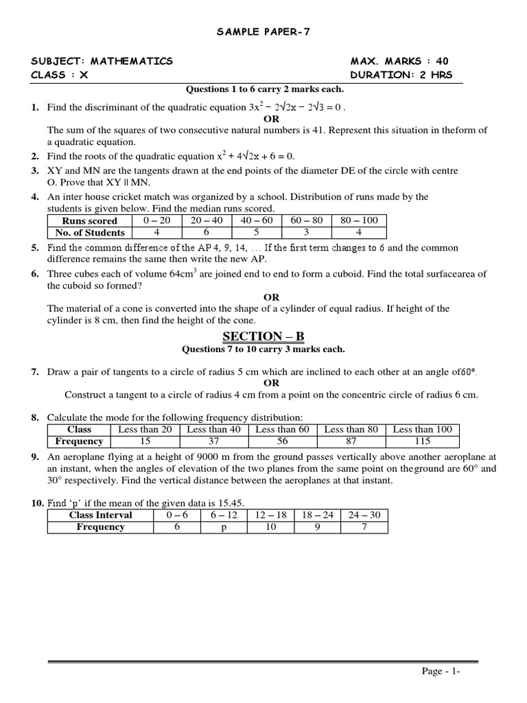 Class X Mathematics Sample Paper 7 | PDF | Lighthouse | Circle