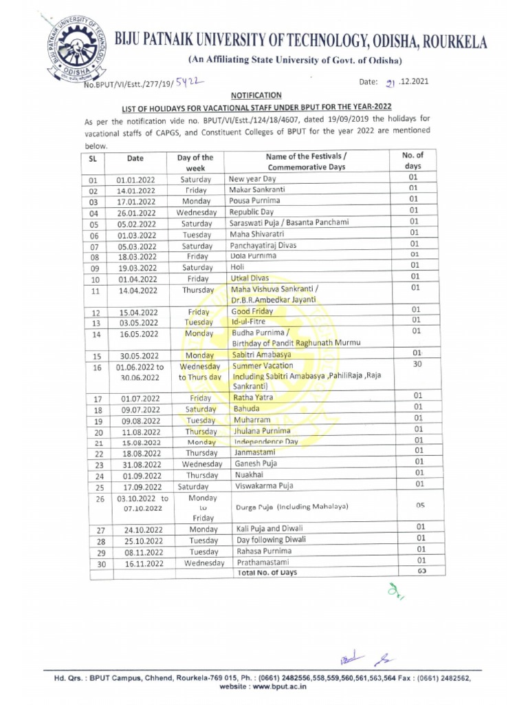 BPUT Holiday List 2022 PDF