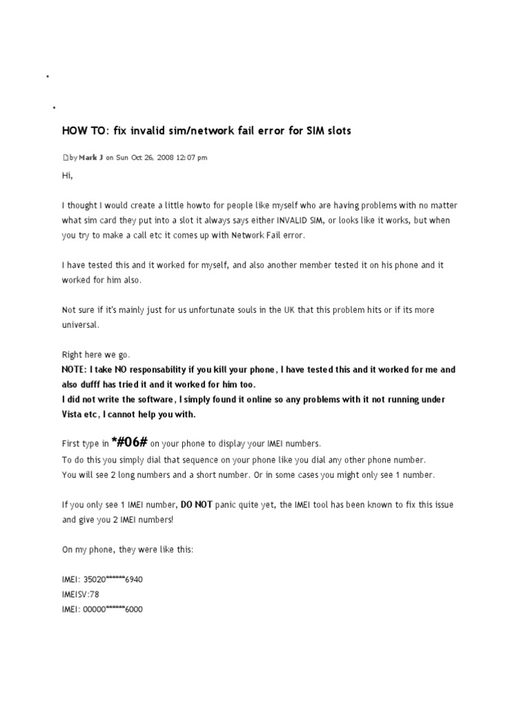 HOW TO: Fix Invalid Sim/network Fail Error For SIM Slots: Mark J | PDF ...
