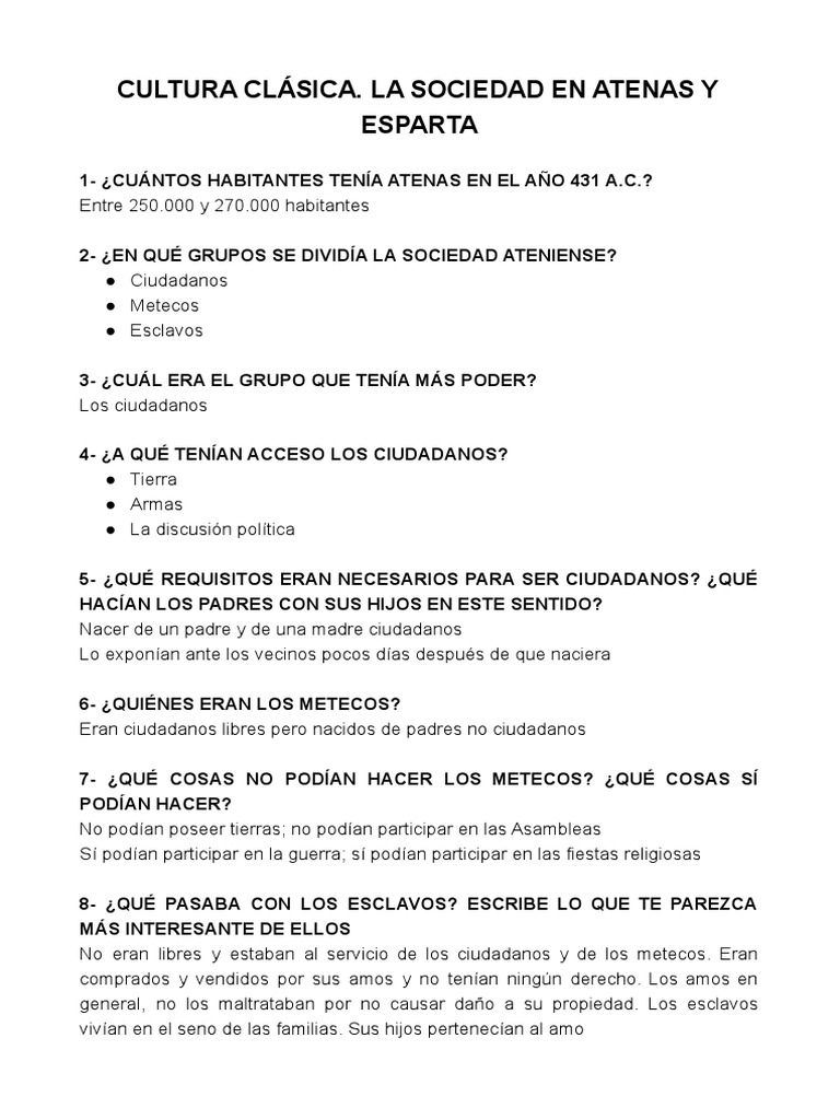 Cultura Clásica. La Sociedad en Atenas y Esparta. Word | PDF | Esparta