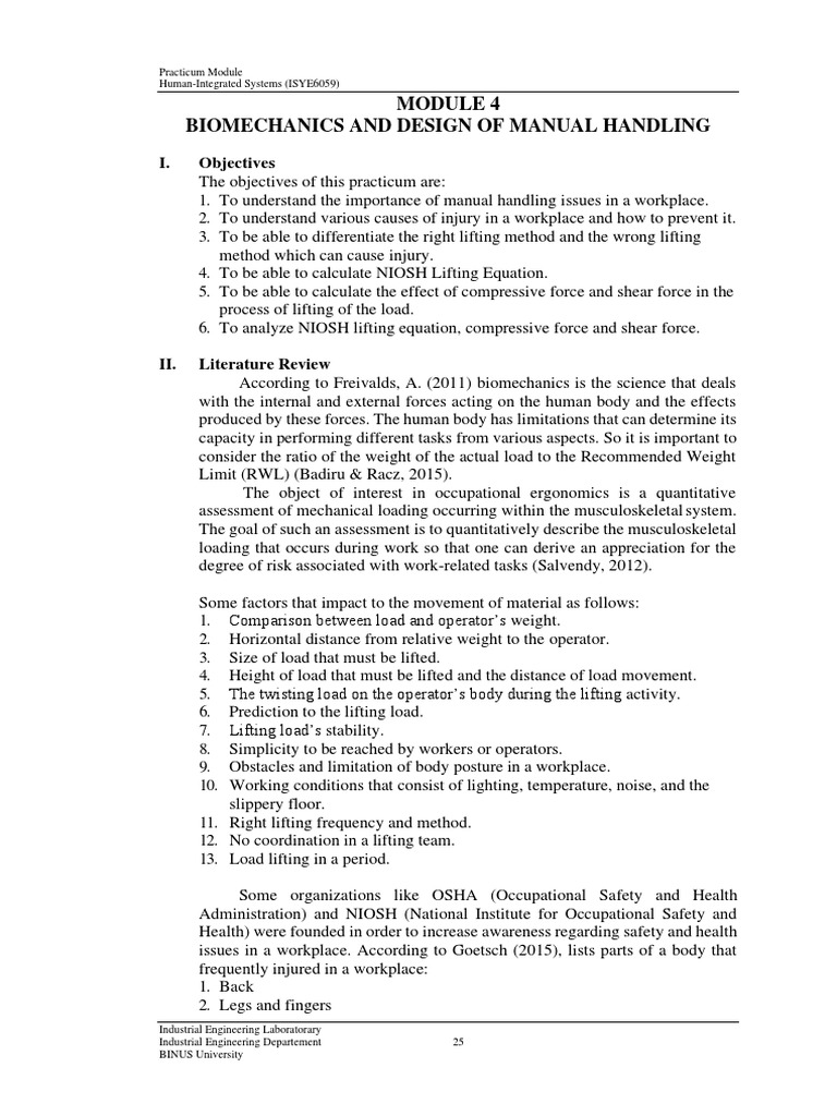 Biomechanics in Manual Handling Assessment | PDF