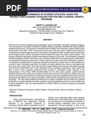 Academic Performance of Student-Athletes Basis for Project SAW (Student-Athletes for the Win) a School Sports Program