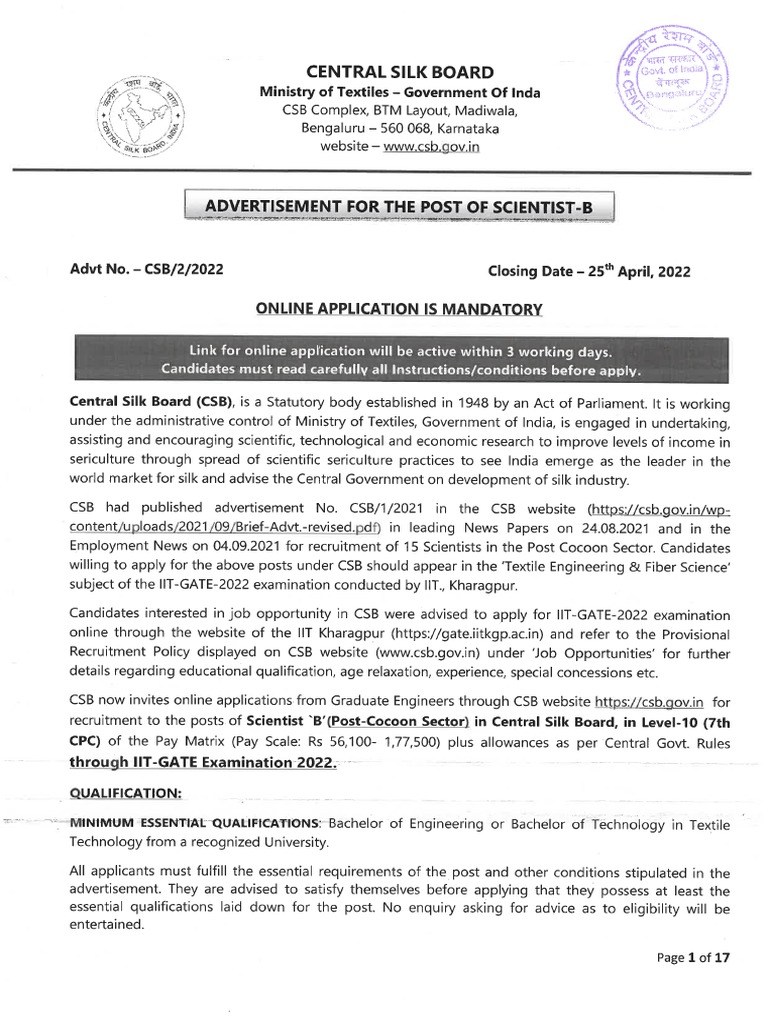 Scientist B Detailed Advertisement | PDF