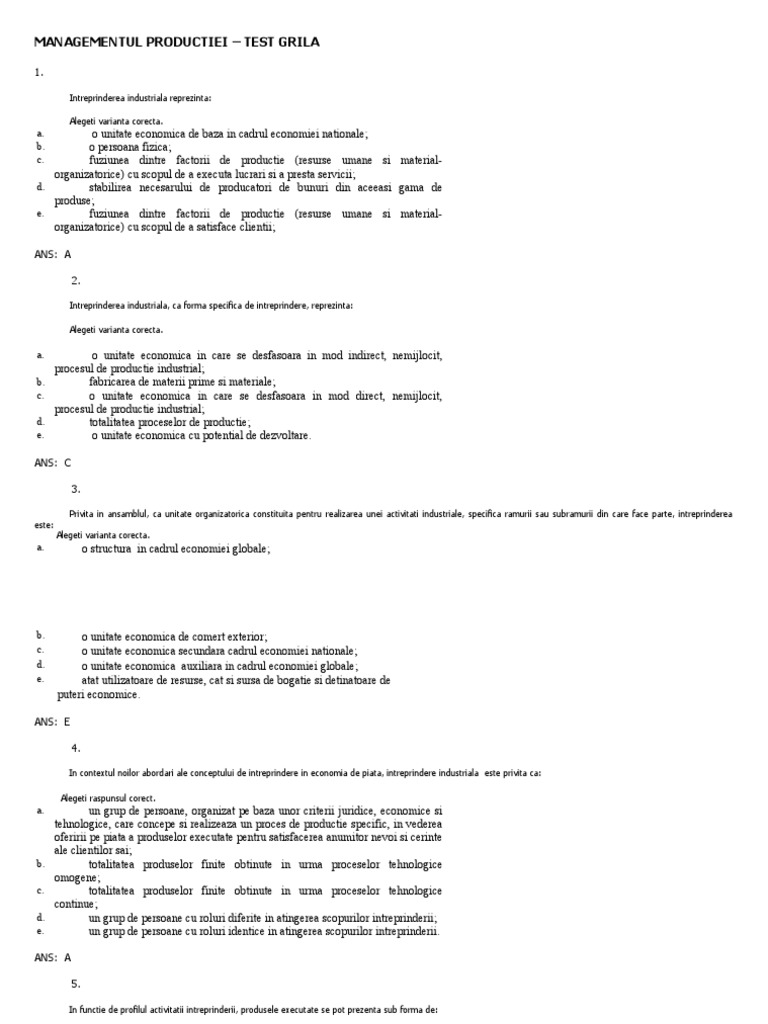 Test Grila 218 Managementul Productiei | PDF
