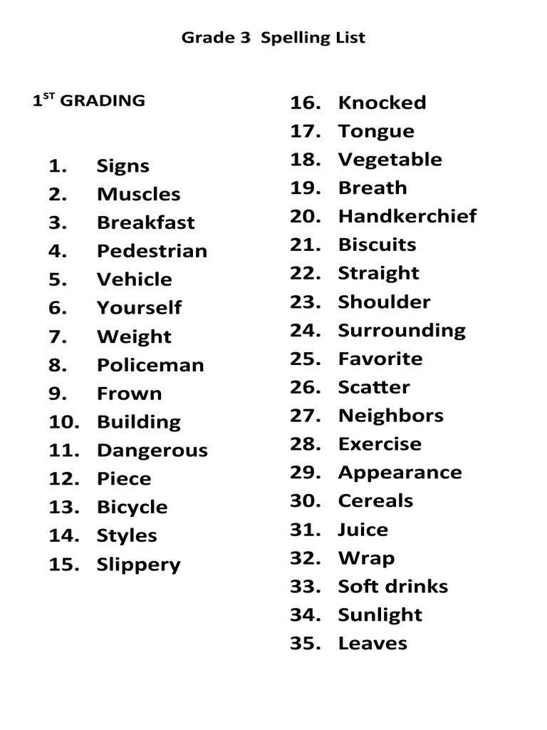 List Of Spelling Words For 2nd Graders