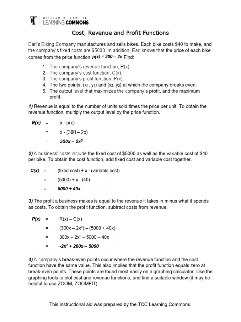 Cost, Revenue, and Profit Functions Guide | PDF | Business Economics ...