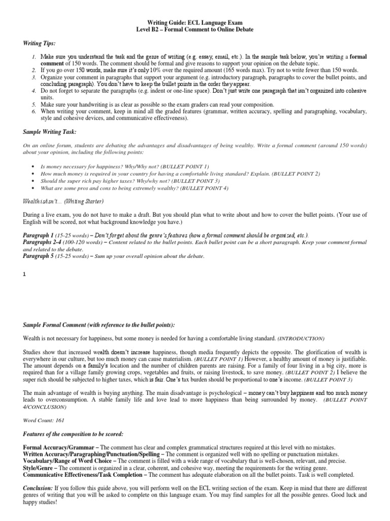 ECL Writing Guide - Formal Comment B2 - Short | PDF | Paragraph | Money