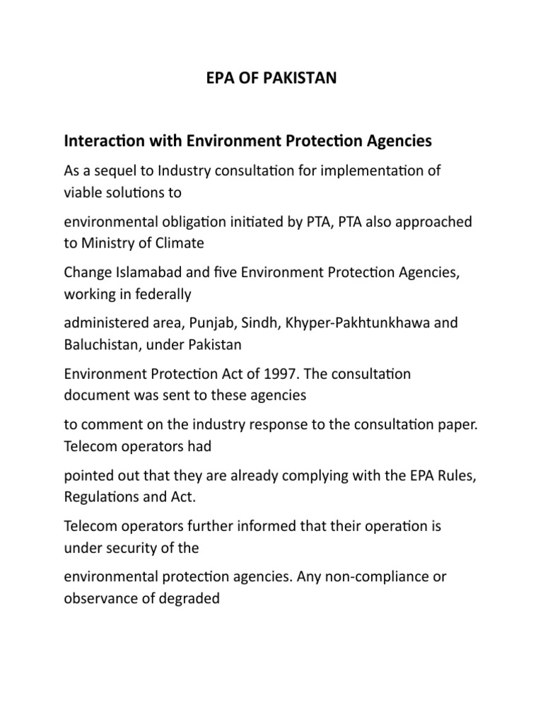 Epa of Pakistan Interaction With Environment Protection Agencies PDF