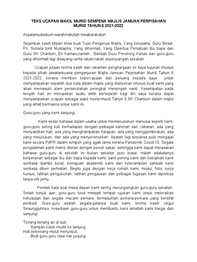 Teks Ucapan Wakil Murid Majlis Jamuan Perpisahan Murid Tahun 6 2022 | PDF