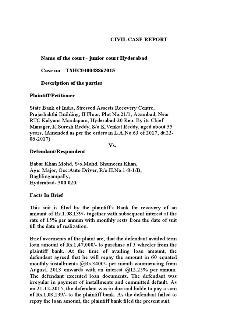 Civil Case Report: SBI vs. Babar Khan | PDF | Lawsuit | Loans