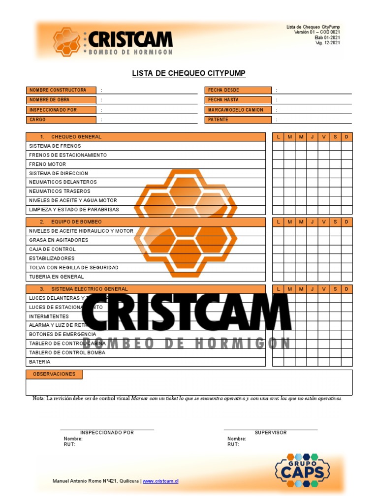 Check List Bomba de Hormigon CityPump | PDF | Vehículos terrestres
