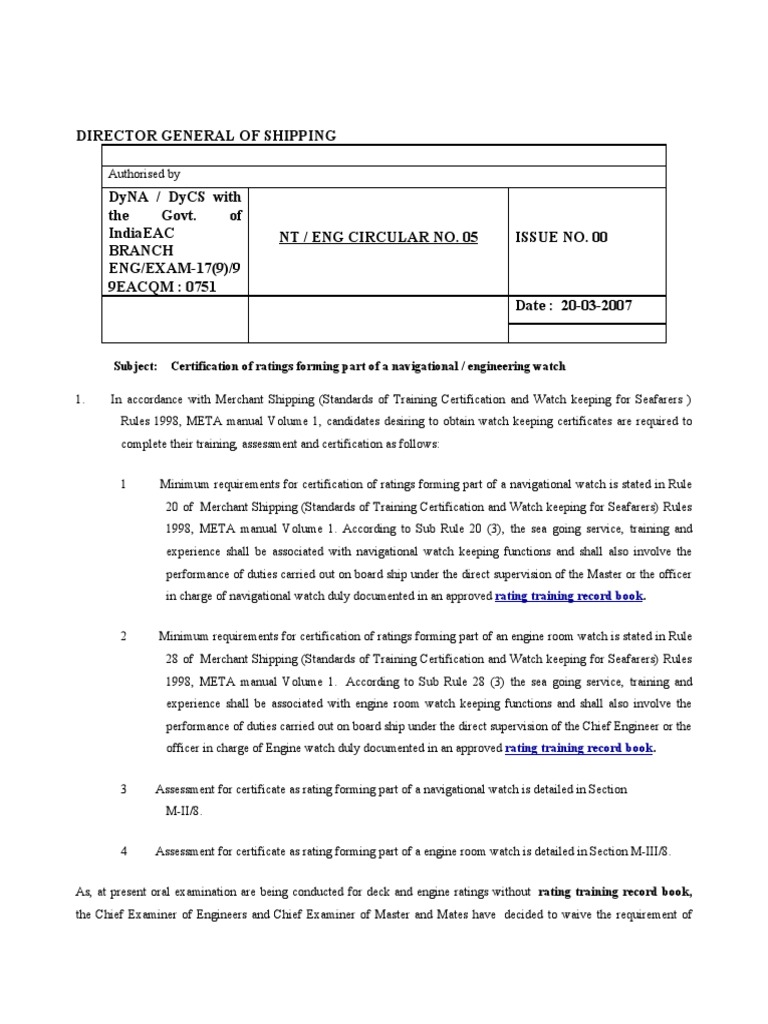 Director General of Shipping Subject Certification of Ratings Forming