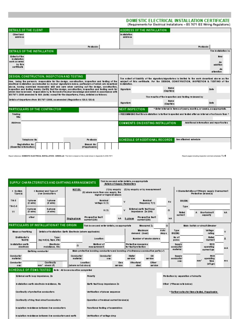 Domestic Electrical Installation Certificate | PDF | Electrical Wiring ...