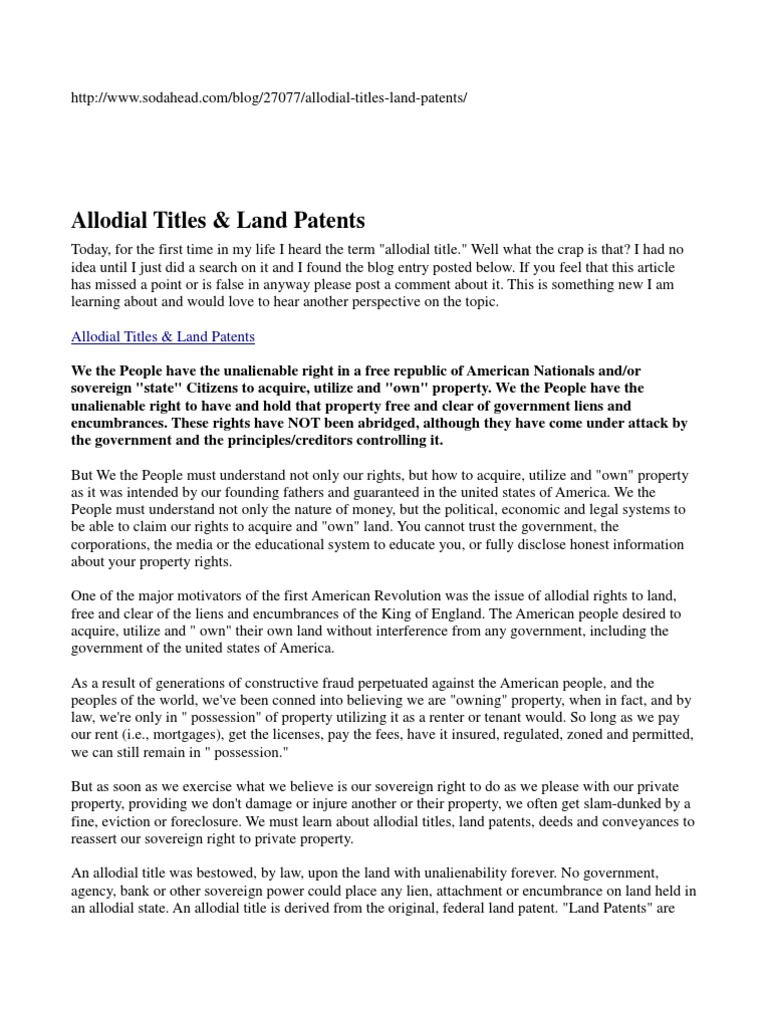 Allodial Titles & Land Patents Real Property Mortgage Law