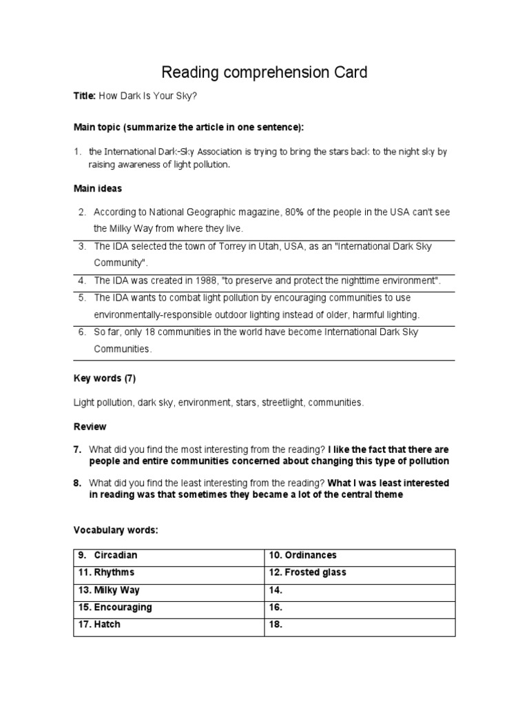 Reading Comprehension Cards | PDF