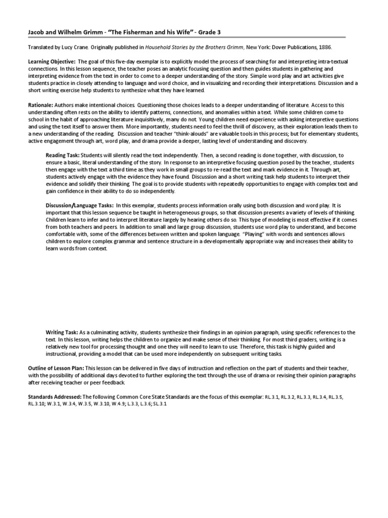 Grade 3 The Fisherman and His Wife Close Reading Exemplar | Download ...