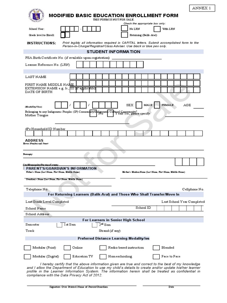 Modified Basic Education Enrollment Form | PDF