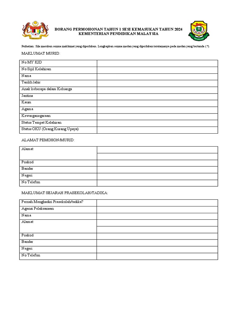 Borang Permohonan Tahun 1 Sesi Kemasukan Tahun 2024 | PDF