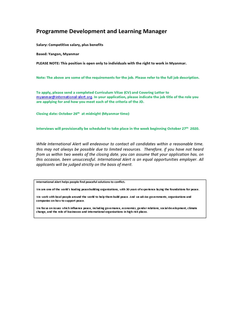 Programme Development Manager Role in Myanmar | PDF | Peacebuilding ...