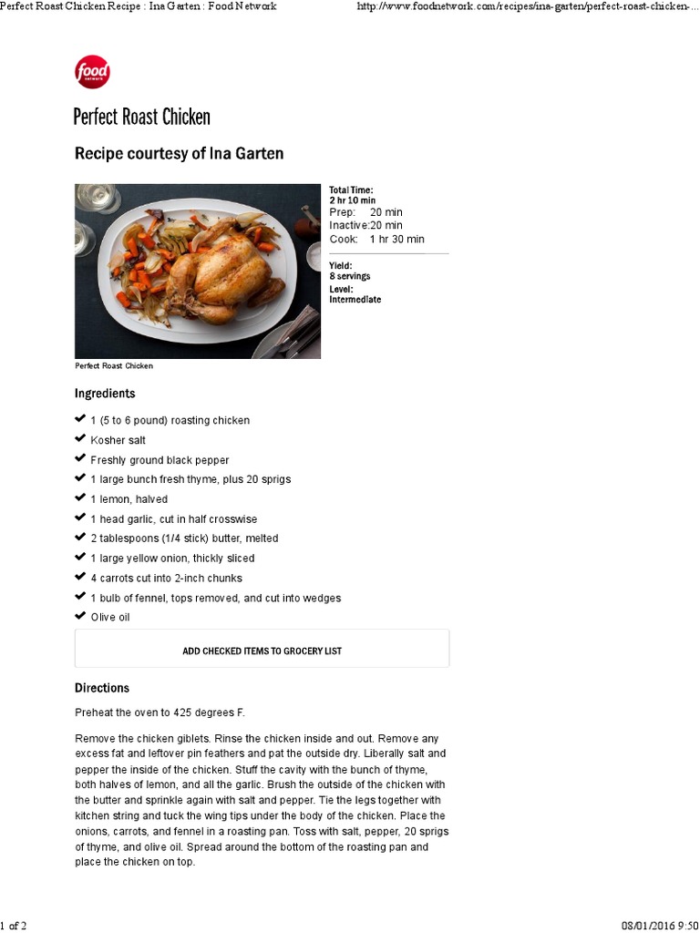 Perfect Roast Chicken Recipe - Ina Garten - Food Network | PDF