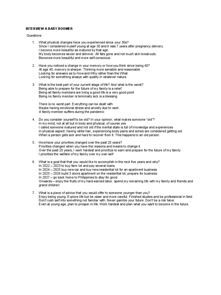 Interview A Boomer Questions | PDF | Psychology | Psychological Concepts
