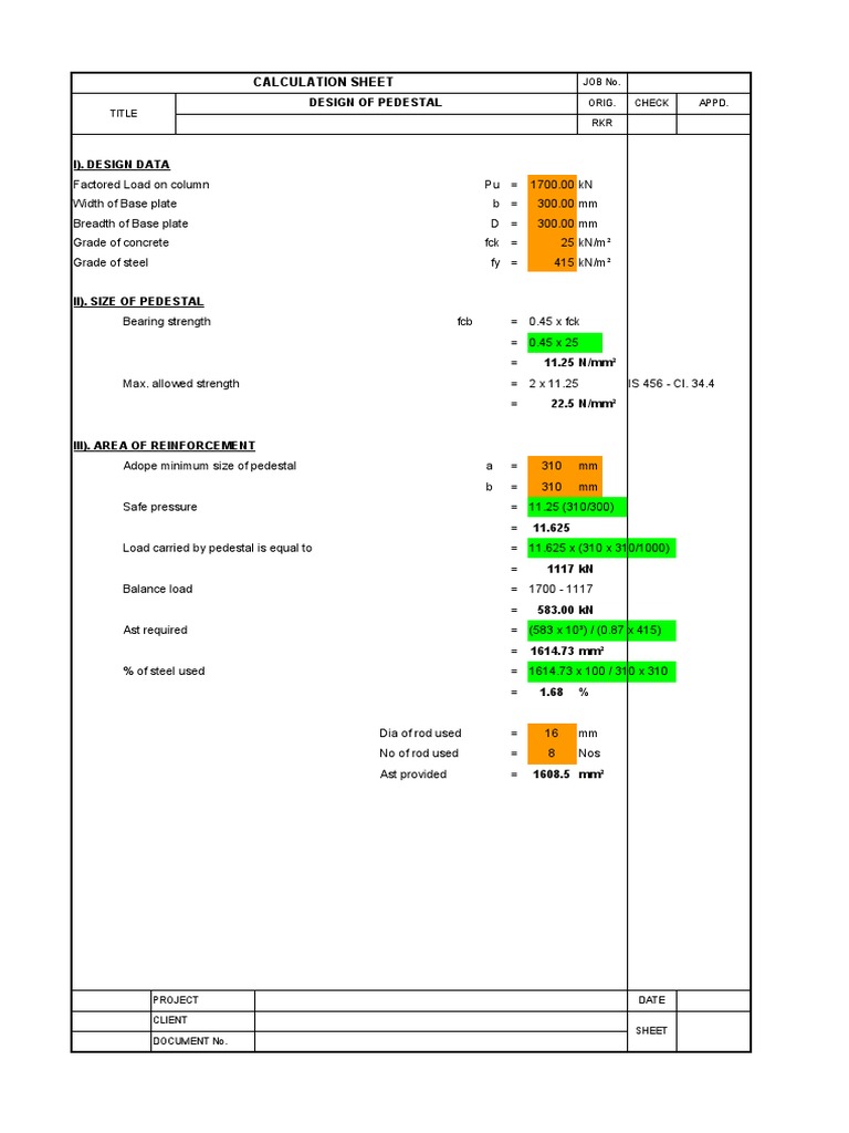 Design of a Concrete Pedestal Calculation of Reinforcement Required PDF Building