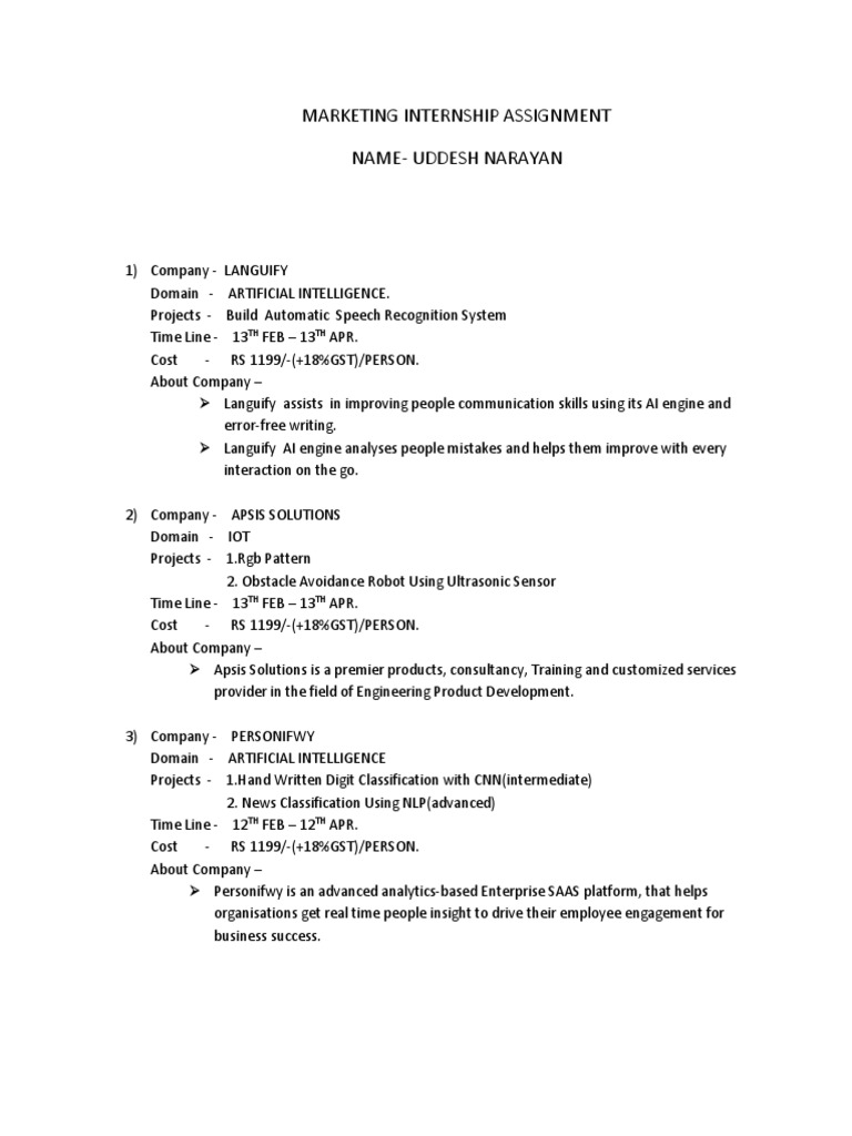 Marketing Internship Assignment Name-Uddesh Narayan: TH TH | PDF ...