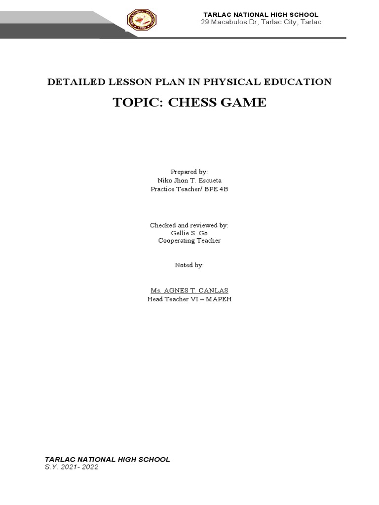 Topic: Chess Game: Detailed Lesson Plan in Physical Education | PDF ...