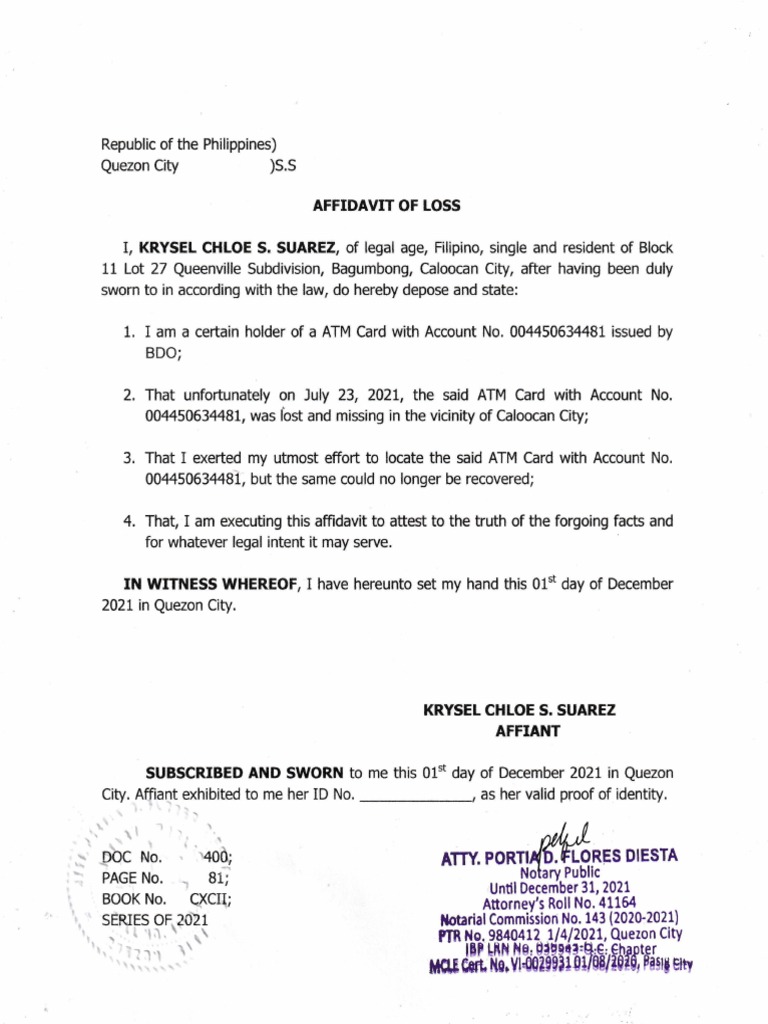 Affidavit of loss bdo pdf