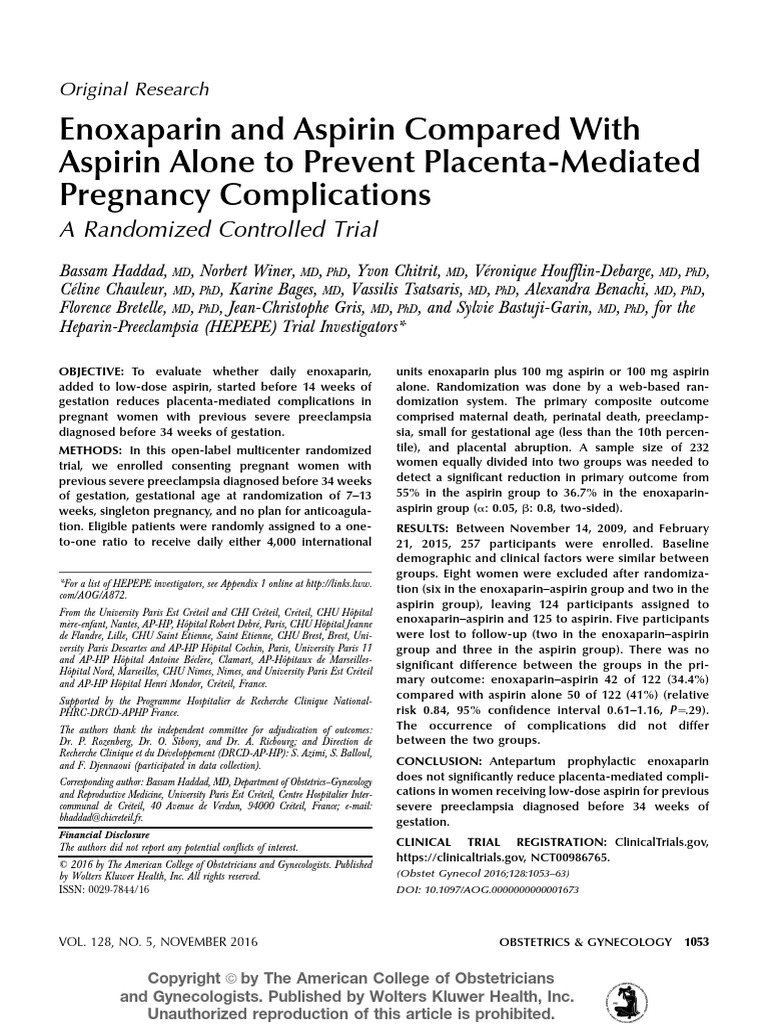 Enoxaparin and Aspirin PDF Blood Pressure Childbirth