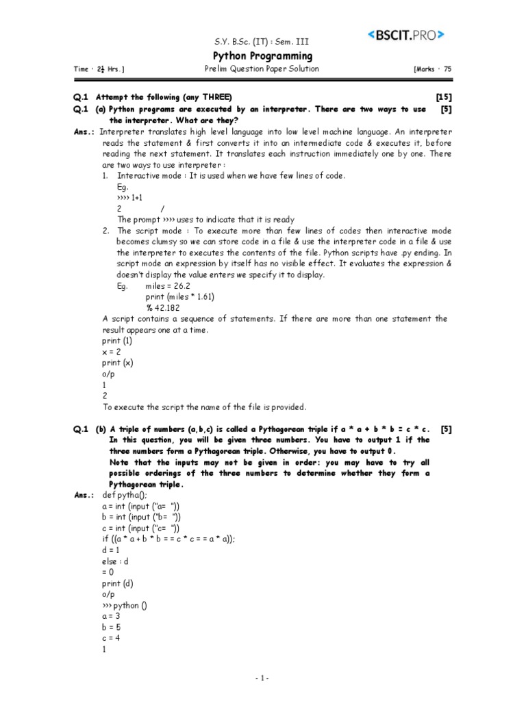 Python Programming: Time: 2 HRS.) (Marks: 75 | PDF | Method (Computer ...