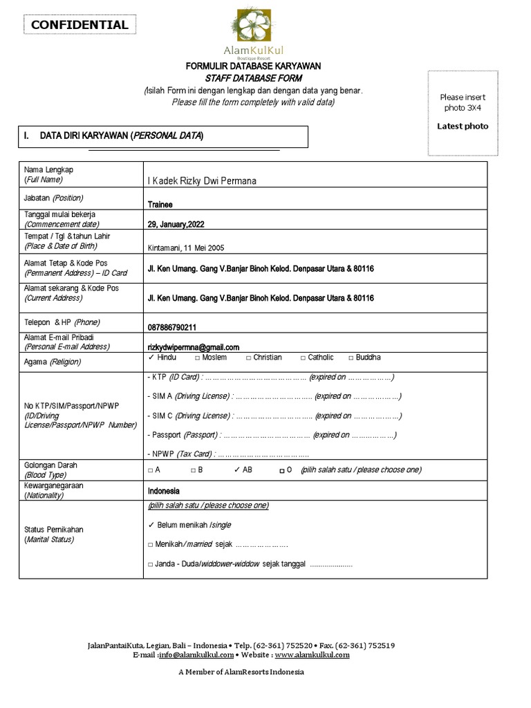 Formulir Database Karyawan AlamResorts | PDF