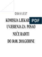 Komisija Ljekarskog Uvjerenja Za Posao Neće Raditi DO 30.08. 2018.GODINE