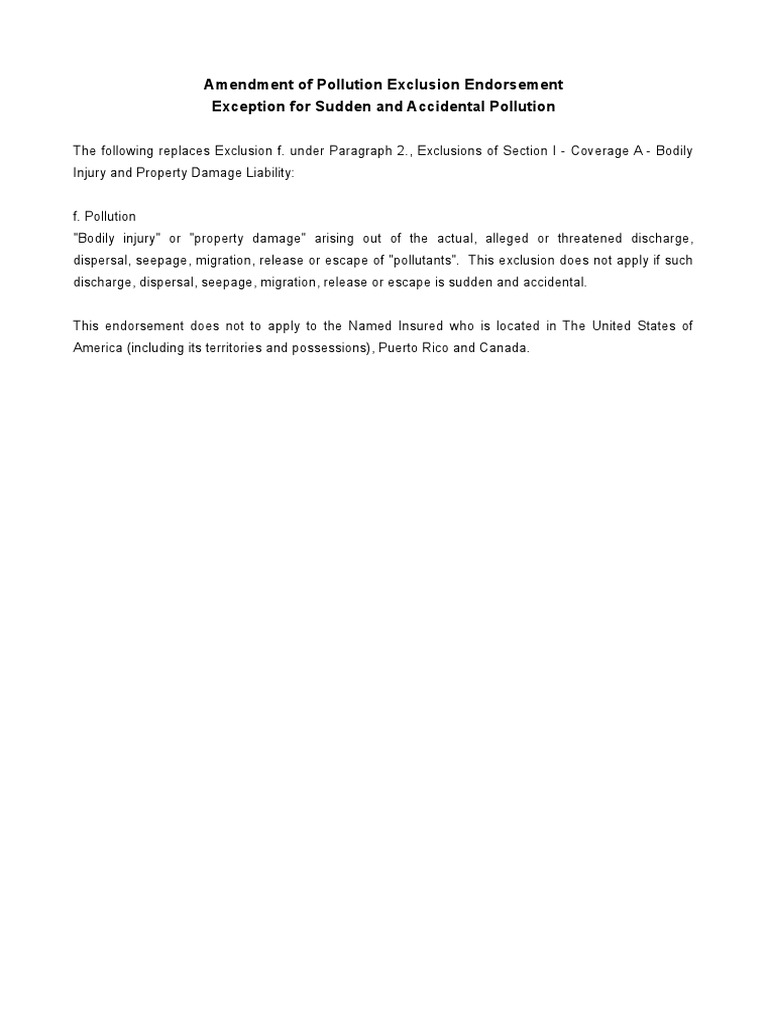 Amendment to Pollution Exclusion Endorsement | PDF