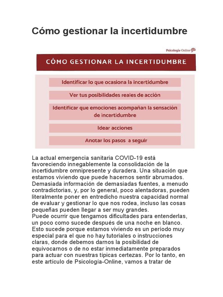 Cómo Gestionar La Incertidumbre | PDF | Temor | Incertidumbre