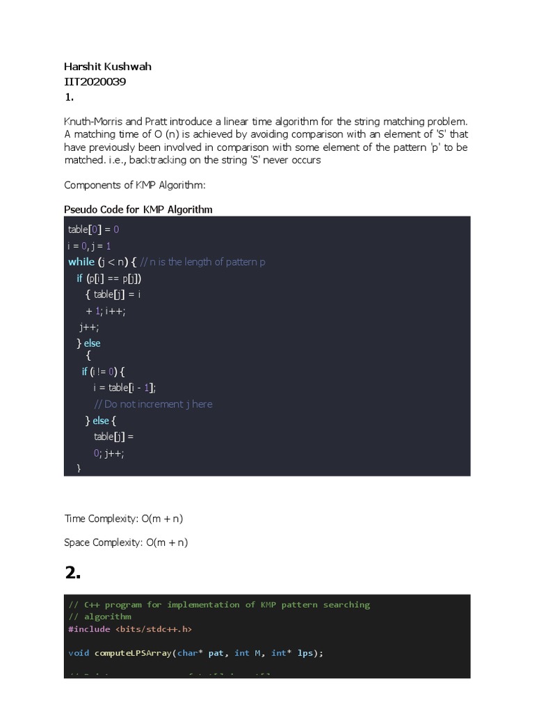 Harshit Kushwah IIT2020039 1.: Pseudo Code For KMP Algorithm | PDF ...